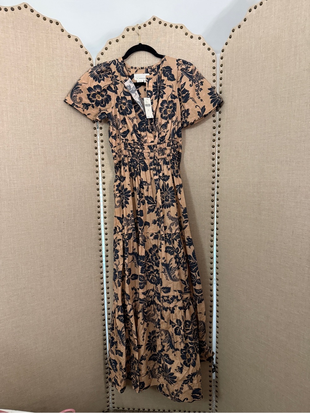 Anthropologie Tan Maxi Dress with Navy Floral Print